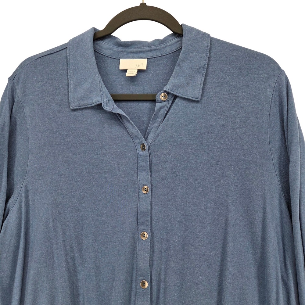 J Jill Women 1X Button Down Twist Front Top Blue Rayon Lyocell Blend Long Slv